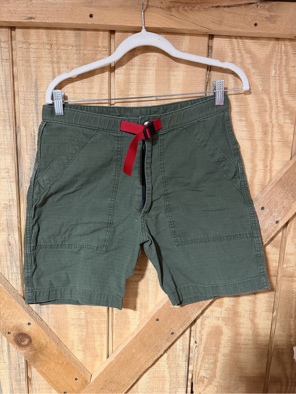 Topo Designs Olive Green Ripstop Shorts with Red Web Belt